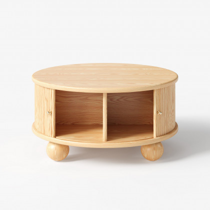 HMR Stria Ash Wood Fluted Coffee Table with Storage - Natural, Round, 31.9"W x 31.9"D x 16.3"H