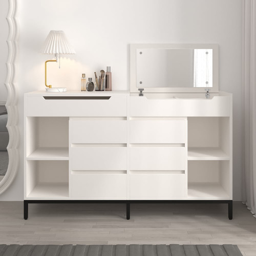HMR - 8 Drawer 59" Modern White Double Dresser Wide Cabinet with Flip-Top Mirror & Shelves