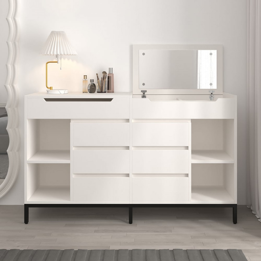 HMR - 8 Drawer 59" Modern White Double Dresser Wide Cabinet with Flip-Top Mirror & Shelves