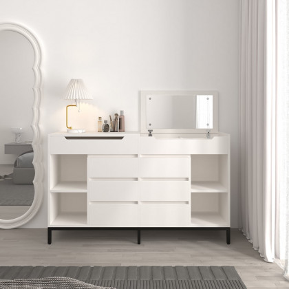 HMR - 8 Drawer 59" Modern White Double Dresser Wide Cabinet with Flip-Top Mirror & Shelves