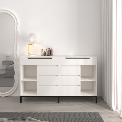 HMR - 8 Drawer 59" Modern White Double Dresser Wide Cabinet with Flip-Top Mirror & Shelves