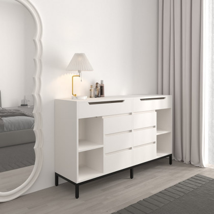 HMR - 8 Drawer 59" Modern White Double Dresser Wide Cabinet with Flip-Top Mirror & Shelves