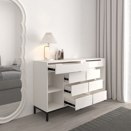 HMR - 8 Drawer 59" Modern White Double Dresser Wide Cabinet with Flip-Top Mirror & Shelves