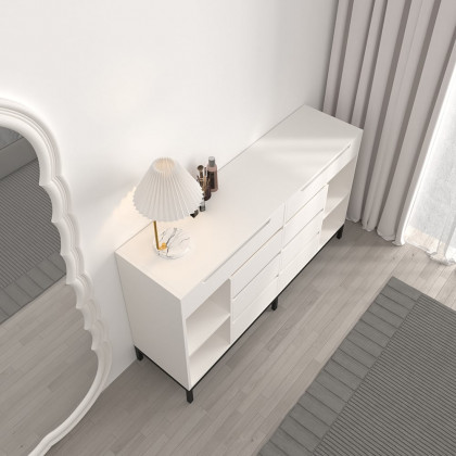 HMR - 8 Drawer 59" Modern White Double Dresser Wide Cabinet with Flip-Top Mirror & Shelves