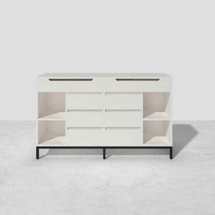 HMR - 8 Drawer 59" Modern White Double Dresser Wide Cabinet with Flip-Top Mirror & Shelves