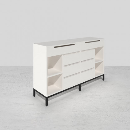 HMR - 8 Drawer 59" Modern White Double Dresser Wide Cabinet with Flip-Top Mirror & Shelves