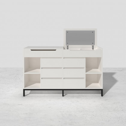 HMR - 8 Drawer 59" Modern White Double Dresser Wide Cabinet with Flip-Top Mirror & Shelves