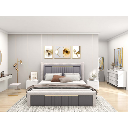 HMR - 8 Drawer 59" Modern White Double Dresser Wide Cabinet with Flip-Top Mirror & Shelves