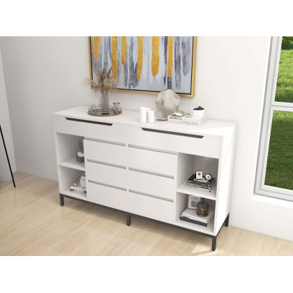 HMR - 8 Drawer 59" Modern White Double Dresser Wide Cabinet with Flip-Top Mirror & Shelves