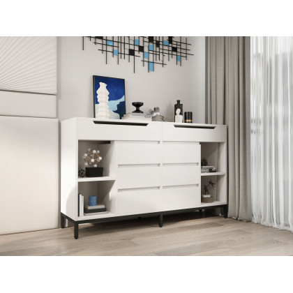 HMR - 8 Drawer 59" Modern White Double Dresser Wide Cabinet with Flip-Top Mirror & Shelves