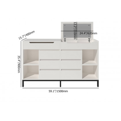 HMR - 8 Drawer 59" Modern White Double Dresser Wide Cabinet with Flip-Top Mirror & Shelves