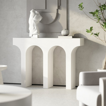 HMR - 47" Japandi Narrow White Console Table with Pedestal Wood Entryway Table