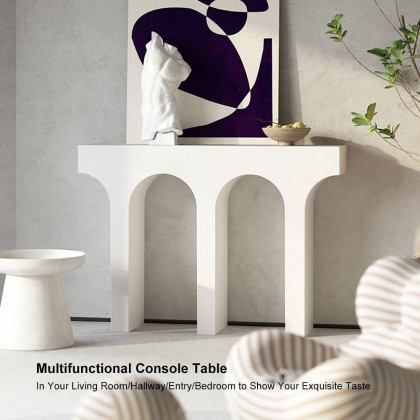 HMR - 47" Japandi Narrow White Console Table with Pedestal Wood Entryway Table