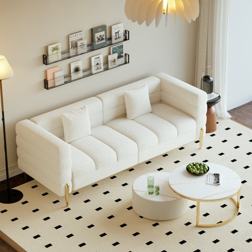 HMR Aurora 79" Fluted Sofa with Gold Legs & Pillows & Nesting Coffee Table Set - White, Boucle, Style C