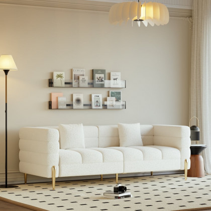 HMR Aurora 79" Fluted Sofa with Gold Legs & Pillows & Nesting Coffee Table Set - White, Boucle, Style C