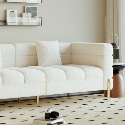 HMR Aurora 79" Fluted Sofa with Gold Legs & Pillows & Nesting Coffee Table Set - White, Boucle, Style C