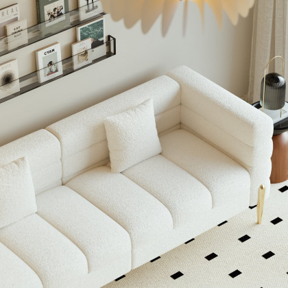 HMR Aurora 79" Fluted Sofa with Gold Legs & Pillows & Nesting Coffee Table Set - White, Boucle, Style C