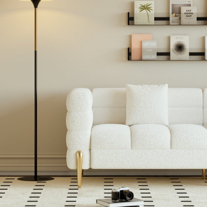 HMR Aurora 79" Fluted Sofa with Gold Legs & Pillows & Nesting Coffee Table Set - White, Boucle, Style C