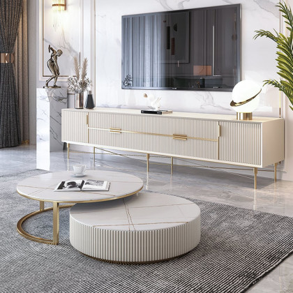 HMR Aurora 79" Fluted Sofa with Gold Legs & Pillows & Nesting Coffee Table Set - White, Boucle, Style C