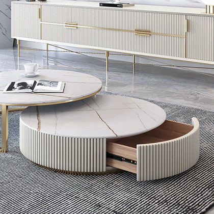 HMR Aurora 79" Fluted Sofa with Gold Legs & Pillows & Nesting Coffee Table Set - White, Boucle, Style C