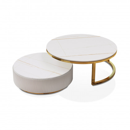 HMR Aurora 79" Fluted Sofa with Gold Legs & Pillows & Nesting Coffee Table Set - White, Boucle, Style C