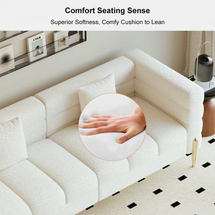 HMR Aurora 79" Fluted Sofa with Gold Legs & Pillows & Nesting Coffee Table Set - White, Boucle, Style C