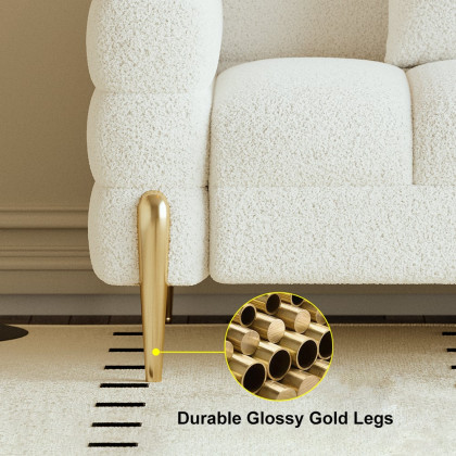 HMR Aurora 79" Fluted Sofa with Gold Legs & Pillows & Nesting Coffee Table Set - White, Boucle, Style C