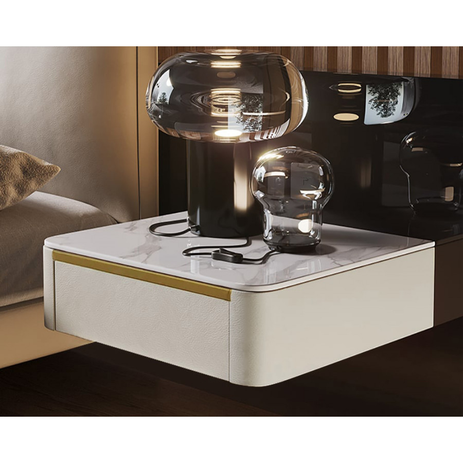 HMR Modern Floating Nightstand 1 Drawer Bedside Table with Sintered Stone Top - White, Single