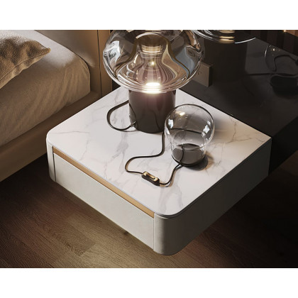 HMR Modern Floating Nightstand 1 Drawer Bedside Table with Sintered Stone Top - White, Single