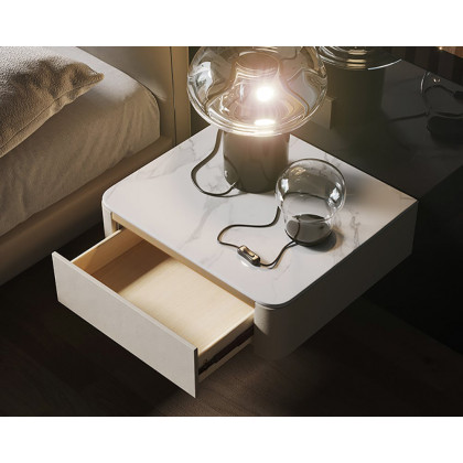 HMR Modern Floating Nightstand 1 Drawer Bedside Table with Sintered Stone Top - White, Single