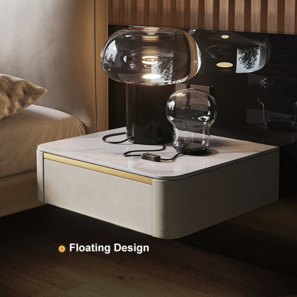 HMR Modern Floating Nightstand 1 Drawer Bedside Table with Sintered Stone Top - White, Single