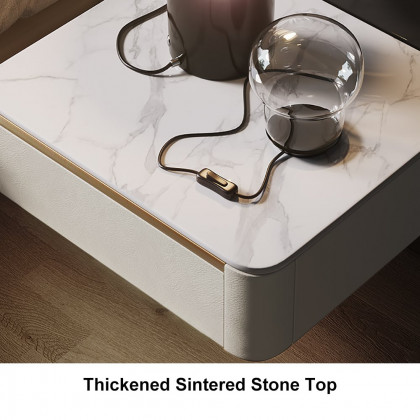 HMR Modern Floating Nightstand 1 Drawer Bedside Table with Sintered Stone Top - White, Single