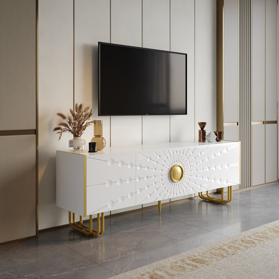 HMR - 70.9" Art Deco White TV Stand with 4 Doors and 6 Shelves