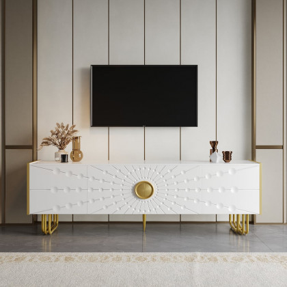 HMR - 70.9" Art Deco White TV Stand with 4 Doors and 6 Shelves