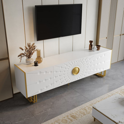 HMR - 70.9" Art Deco White TV Stand with 4 Doors and 6 Shelves
