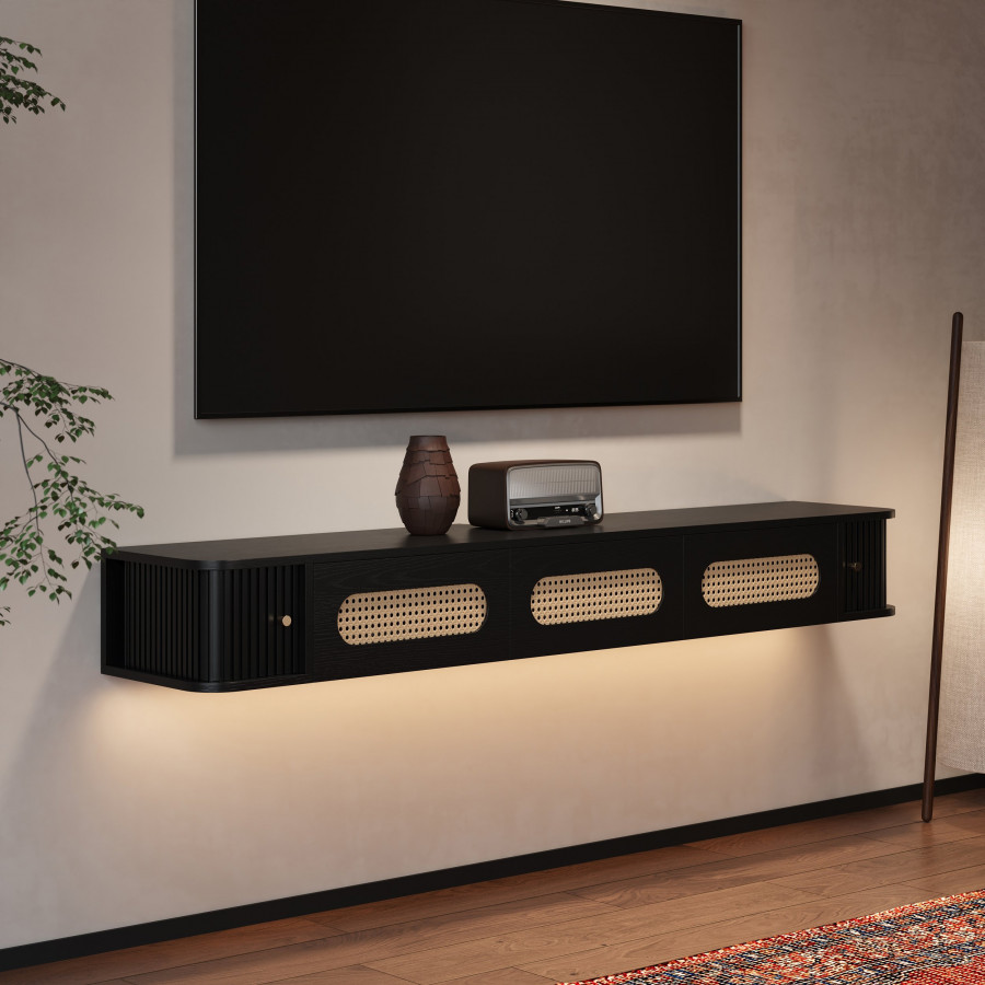 HMR - 63" Black Ratten LED Light Floating TV Stand
