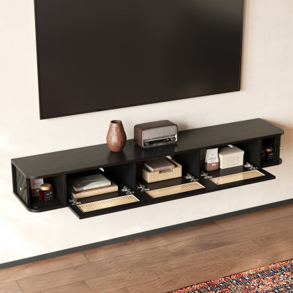HMR - 63" Black Ratten LED Light Floating TV Stand