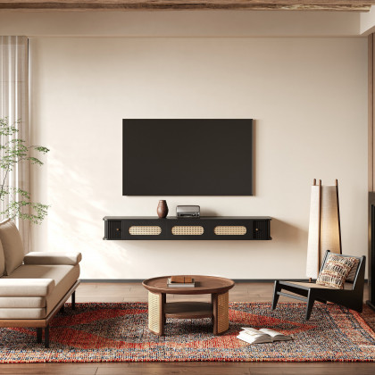 HMR - 63" Black Ratten LED Light Floating TV Stand