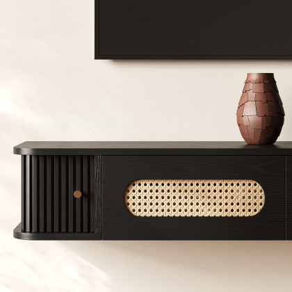 HMR - 63" Black Ratten LED Light Floating TV Stand
