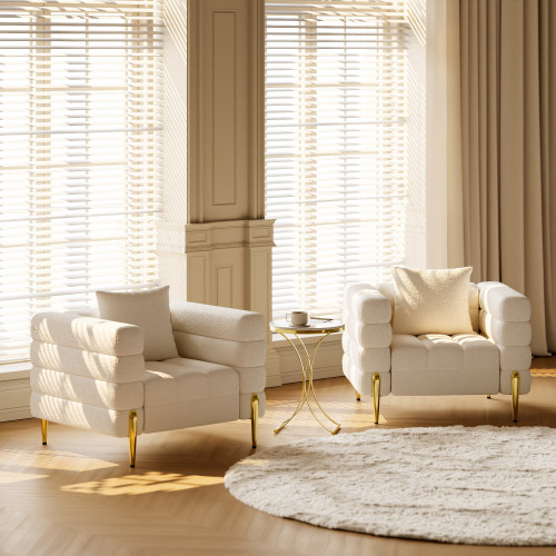 HMR Aurora Boucle Upholstered Accent Chair in Gold Finish - White, Set Of 2