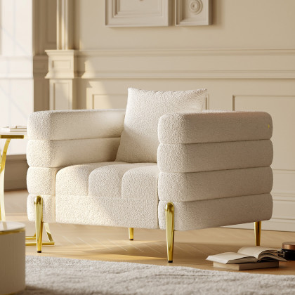 HMR Aurora Boucle Upholstered Accent Chair in Gold Finish - White, Set Of 2