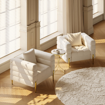 HMR Aurora Boucle Upholstered Accent Chair in Gold Finish - White, Set Of 2