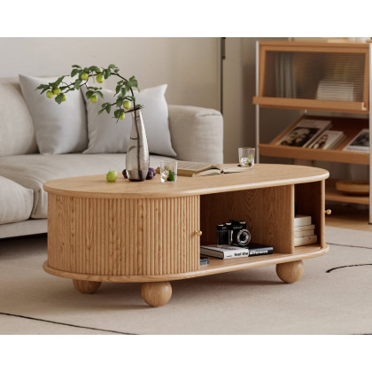 HMR - Stria Ash Wood Fluted Coffee Table with Storage