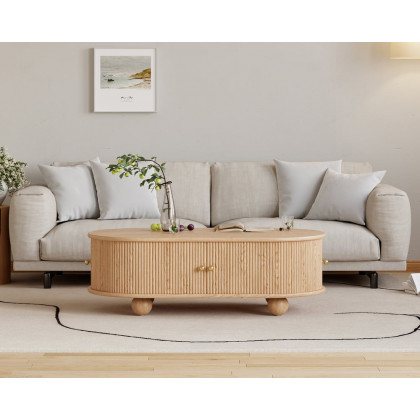 HMR Stria Ash Wood Fluted Coffee Table with Storage - Natural, Oval, 47.2"W x 23.6"D x 15.7"H