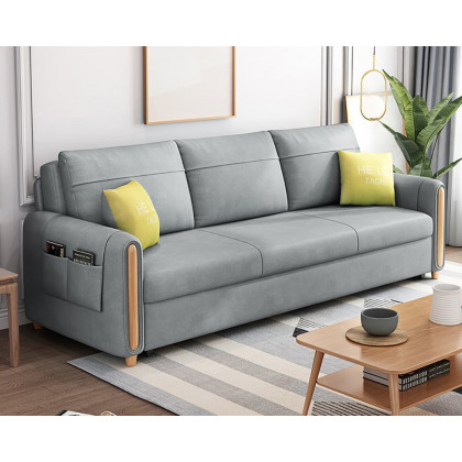 HMR 81" King 3-Seater Leath-aire Sleeper Sofa - Light Gray