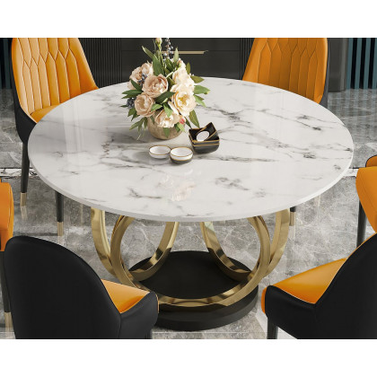 HMR Dining Set 53.1" Modern Style Round Sintered Stone Dining Table with 6 Chairs - Black/Orange
