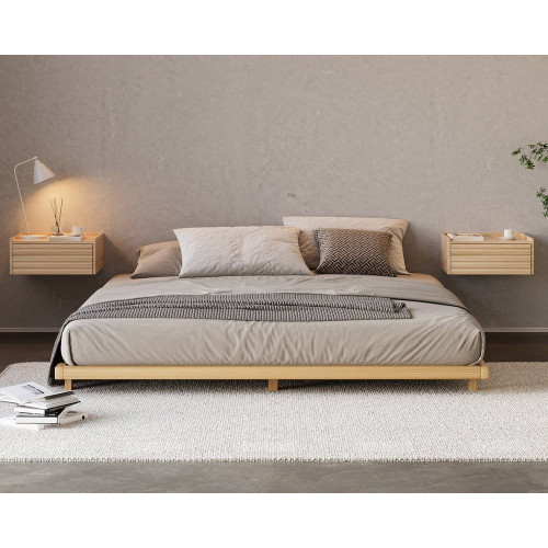 HMR - Japanese Style Queen Low Bed Frame Natural Floor Bed & Floating Wooden Nightstands Set