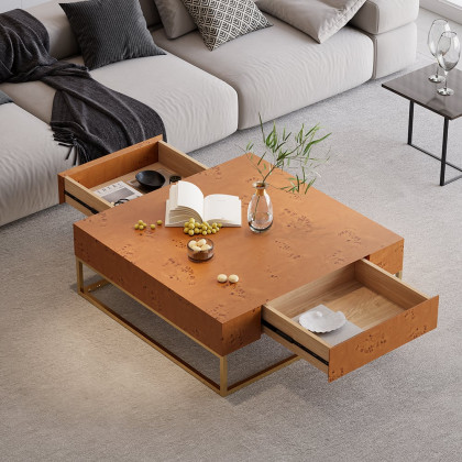 HMR - Modern 39.4" Wooden Burl Coffee Table Square with 2 Drawers in Gold Frame