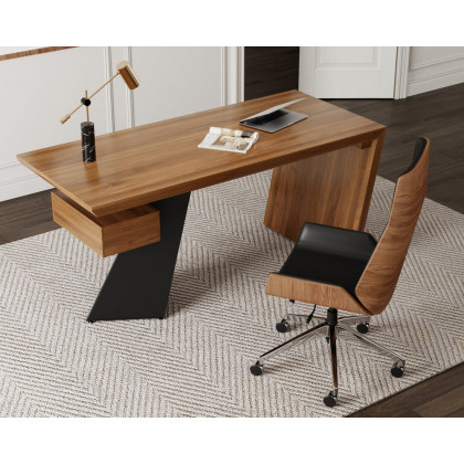 HMR - Industrial Wooden Writing Desk & Leather Office Chair Set