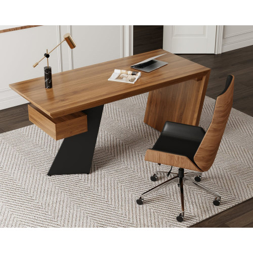 HMR Industrial Wooden Writing Desk & Leather Office Chair Set - Distressed, 63"L x 27.6"W x 29.5"H